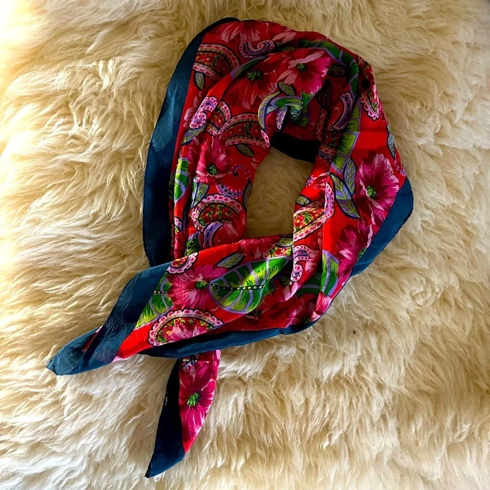 Silk Red/ Navy Hibiscus Palm Paisley Vintage Circa 80’s Scarf